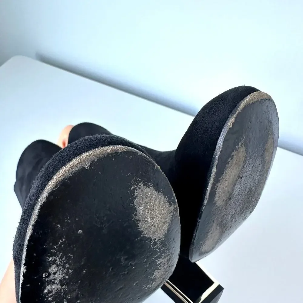 CHANEL Black Suede Gold Logo Chelsea Heel Ankle Boots IT 39.5